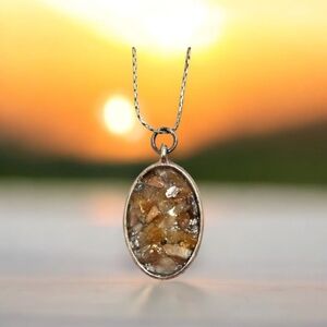 Sunstone Chip In Resin Pendant Necklace Silver Tone